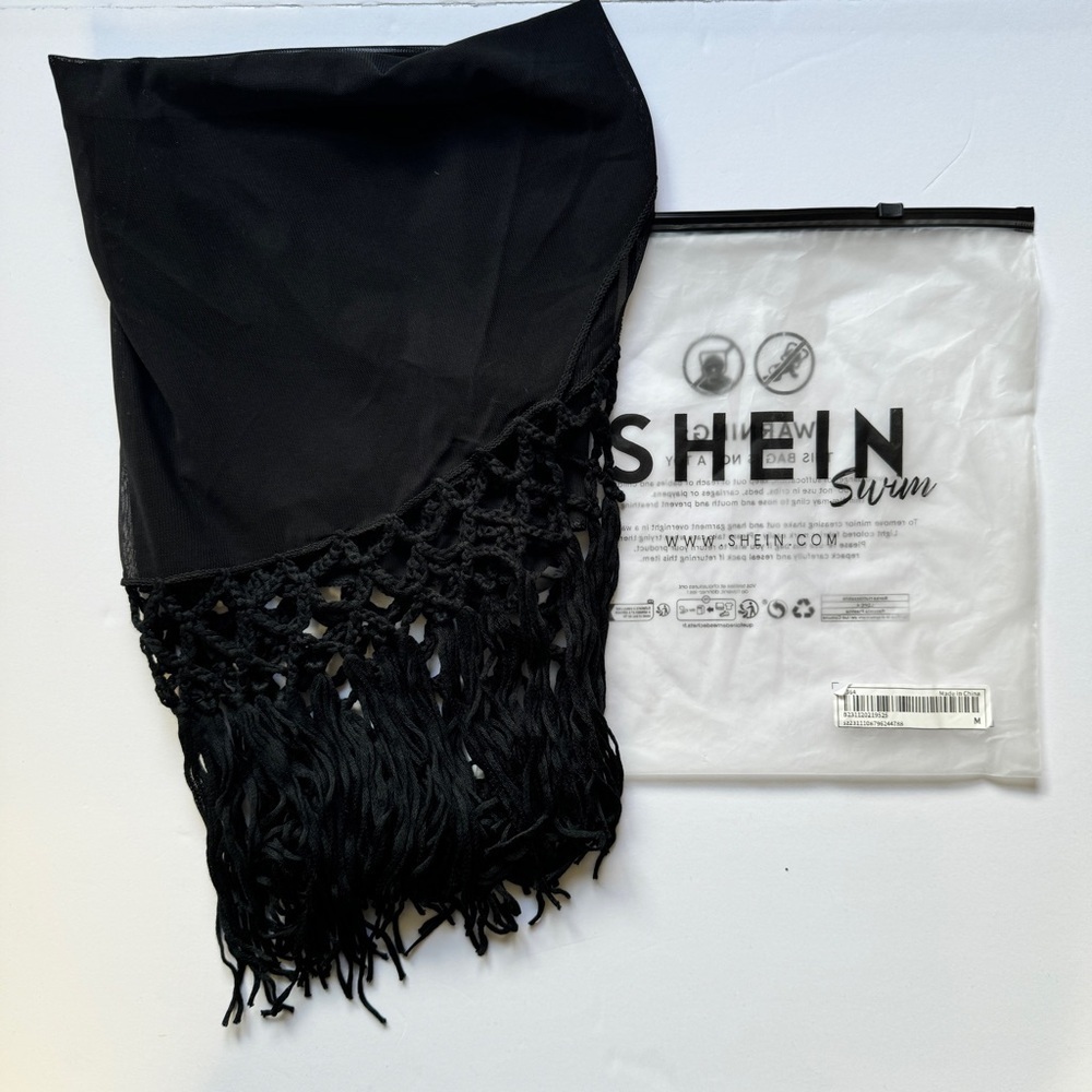 NWT Shein Swim Cover Up Fringe Trim Black Tie Side Skirt Sheer Boho Beachy Sz M